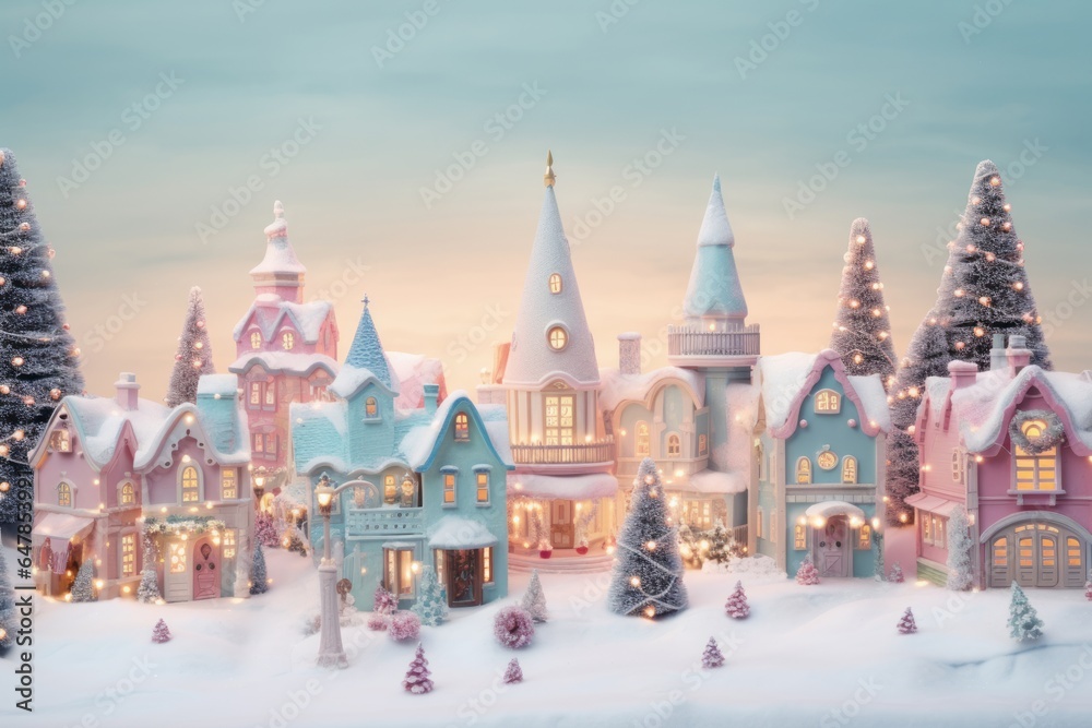Sparkling Christmas village with xmas light everywhere. Cute pastel houses. Snowy cold and festive atmosphere.