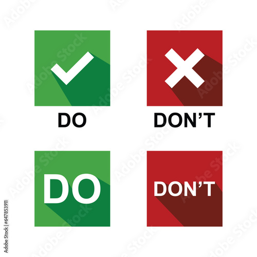 Set of Do and Don't vector illustration button choice. Suitable for elements of advice info graphic information or tips. Check mark and cross mark icon.