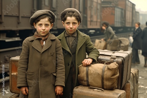 very sad Jewish children with old luggage on the train photo