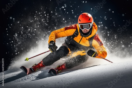 Skier skiing down the slope during a ski race. photo
