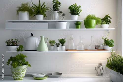 green potted plants stand on white kitchen shelves