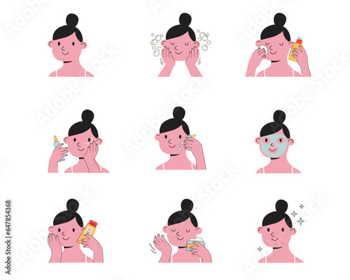 Skincare routine illustrations with cute girls. Cream, lotion, mask, eye cream and sunscreen bottles