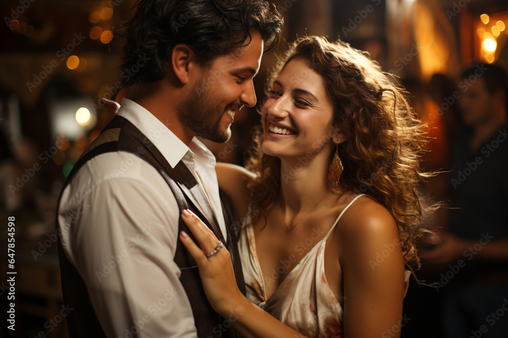 Young couple date in cafe bar restaurant and laugh. Happy student lifestyle job girl laughing chatting cheerful smiling. Girlfriend and boyfriend dating to build a family. Love, romance fun concept