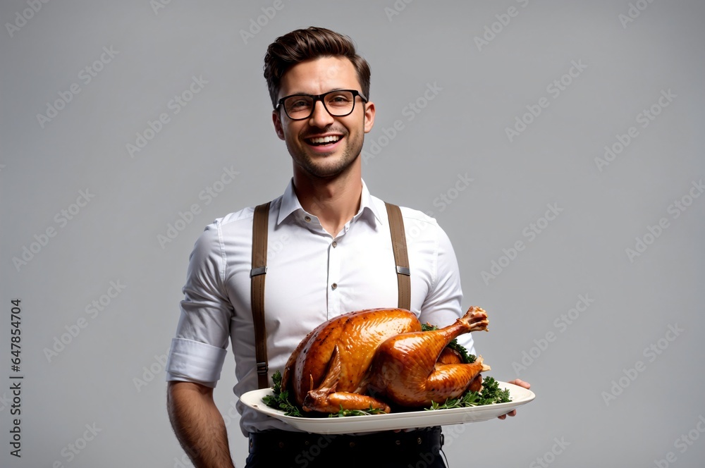 A smiling businessman in a white shirt and suspenders holding a platter with a roasted turkey on it A smiling businessman in a white shirt and suspenders holding a platter with a roasted turkey on it