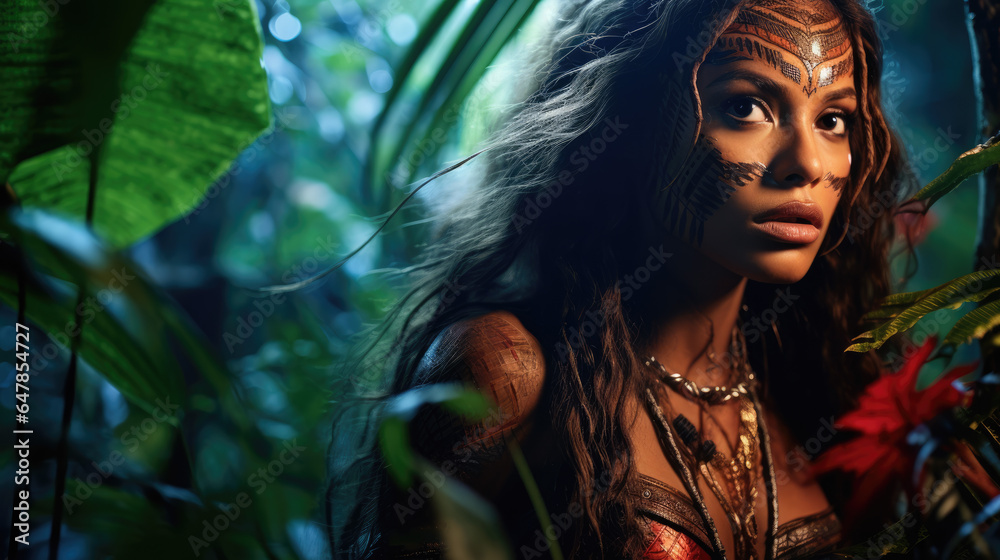 Jungle woman, female tropical native tribe concept - obrazy, fototapety, plakaty 