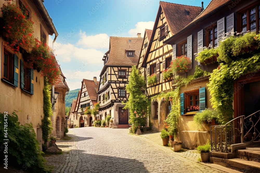 A charming medieval town with picturesque, quaint European houses. Generative AI