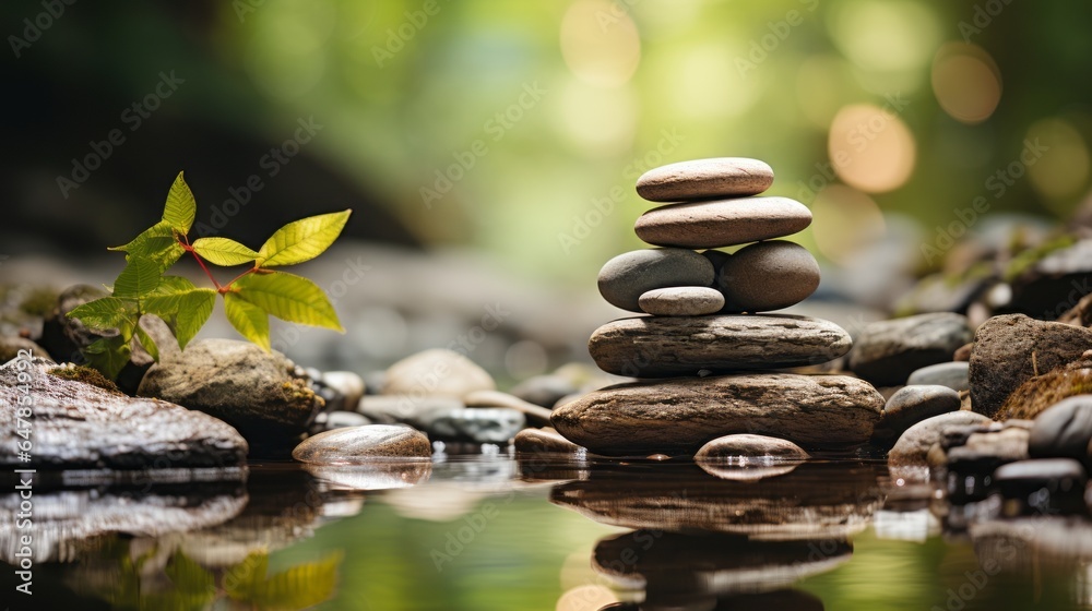 Tranquil Water Reflection with Balanced Zen Rock. Tranquil water reflection with balanced pebbles and serene atmosphere.