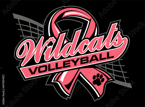 wildcats volleyball team design with pink cancer ribbon for school, college or league sports