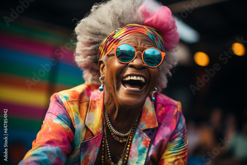 Youthful senior lifestyle concept. Stylish senior grey haired afro-american woman with extravagant clothes and sunglasses. Carefree positive pensioner wear rainbow colourful pride LGBTQ outfit. 