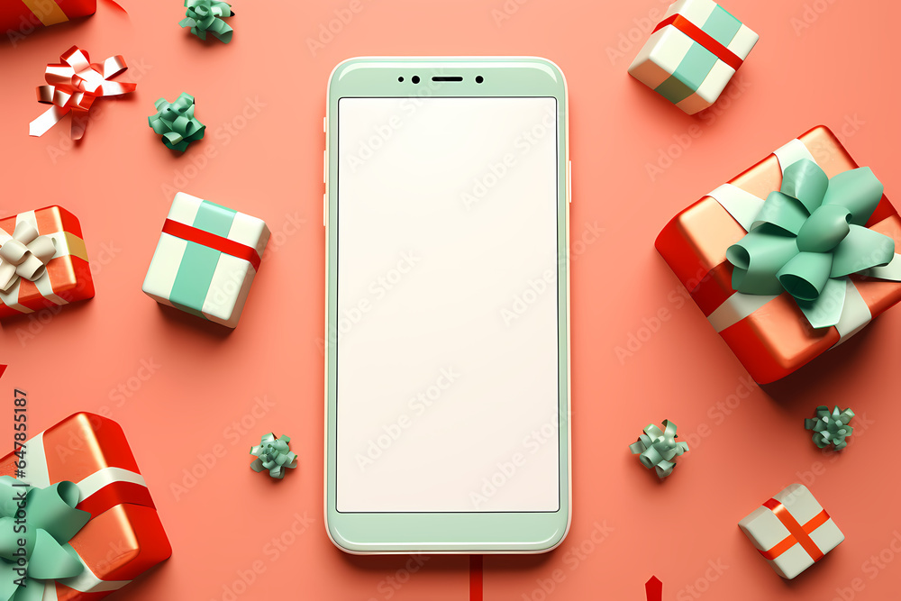 Christmas mobile phone with white screen isolated on solid pastel