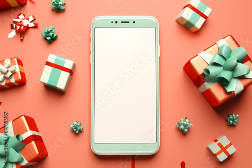 Christmas mobile phone with white screen isolated on solid pastel christmas presents and ribbons background