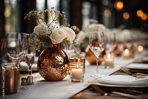 Elegant table setting with candles and flowers in restaurant. Selective focus. Romantic dinner setting with candles and flowers on table in restaurant. 