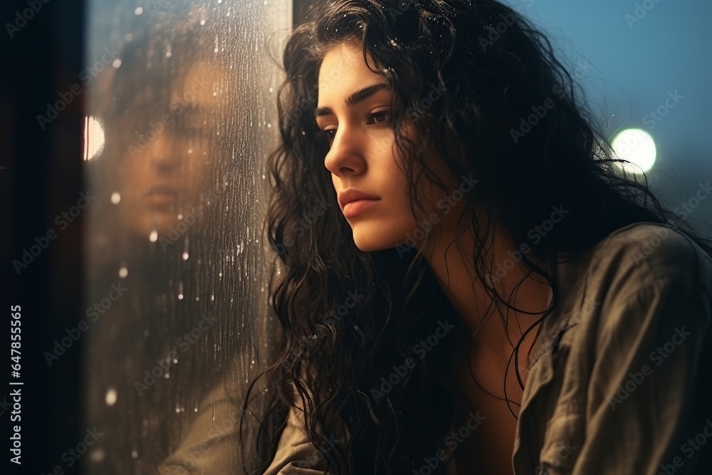 sad and lonely Latin girl sitting on the window watching the raindrops fall - obrazy, fototapety, plakaty 