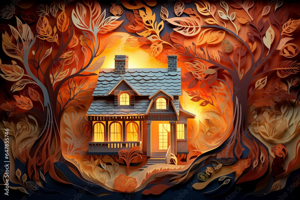 Papercut wooden house in the forest. 3d papercut craft art. Autumn colors. Generative AI.