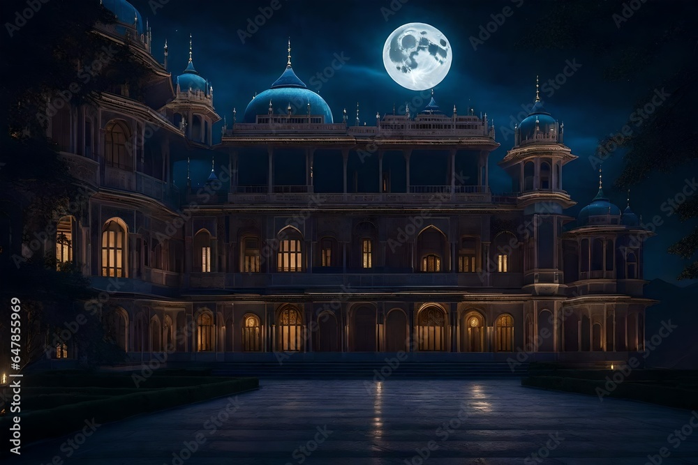 Bathed in the warm embrace of the night, the palace exudes an inviting aura. AI Generative