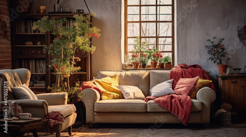 Rustic living room interior architecture with rustical cozy sofa, comfortable vintage classic interior living loft photo