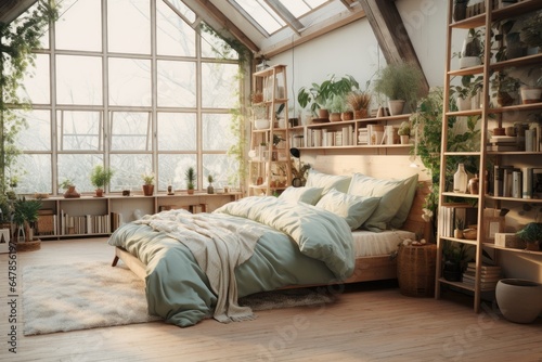 Cozy bedroom in Scandinavian style with plants.