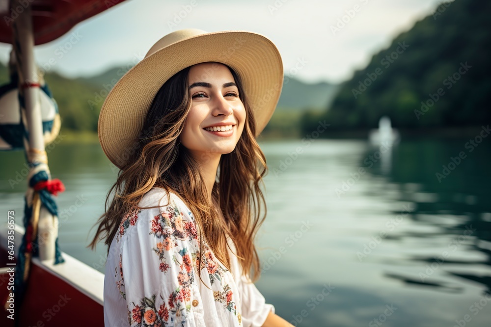 happy young woman tourist with asian hat on the boat on the lake