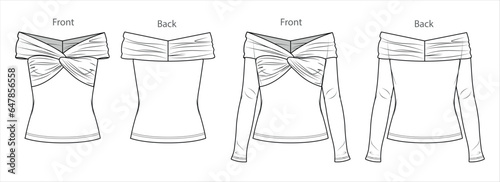 Vector long sleeved summer t shirt fashion CAD, woman winter off shoulder top technical drawing, template, sketch, flat, mock-up. Jersey modern 2 pieces set top with front, back view, white color