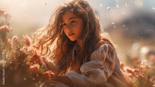 A little girl sitting in a field of flowers