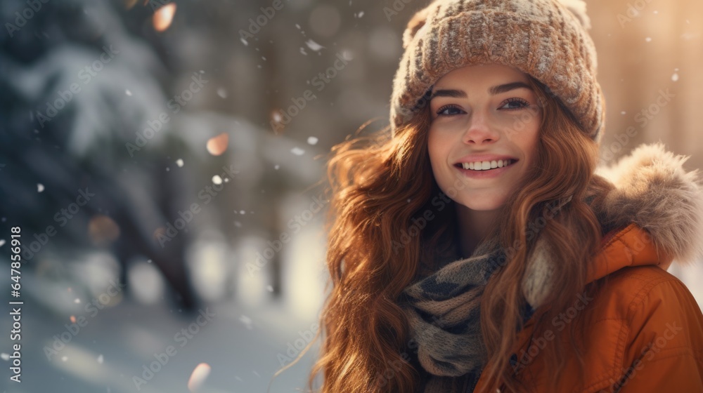 A woman wearing a hat and scarf in the snow A woman wearing a hat and scarf in the snow