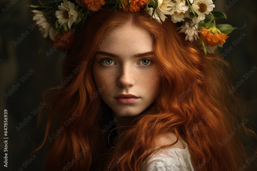 a young woman, her auburn hair wild and untamed, adorned with a crown of fresh flowers