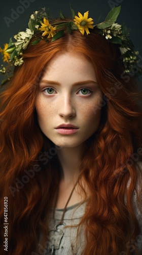 a young woman, her auburn hair wild and untamed, adorned with a crown of fresh flowers