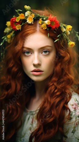 a young woman, her auburn hair wild and untamed, adorned with a crown of fresh flowers