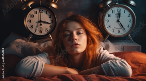 A woman laying in bed next to an alarm clock