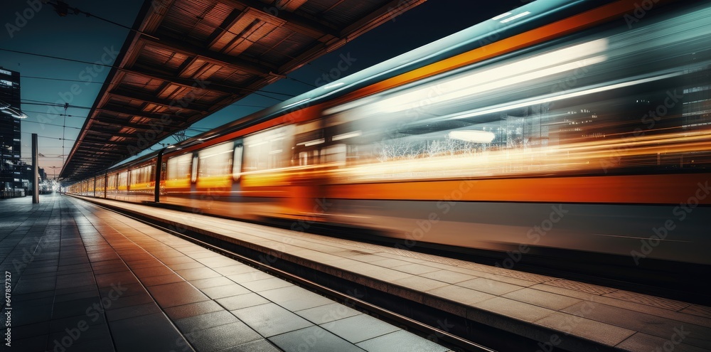 High speed train in motion on the railway station at sunset. Fast moving modern passenger train on railway platform. Railroad with motion blur effect. High speed train in motion on the railway station at sunset. Fast moving modern passenger train on railway platform. Railroad with motion blur effect.