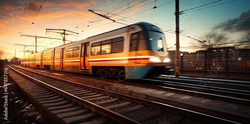 High speed train in motion on the railway station at sunset. Fast moving modern passenger train on railway platform. Railroad with motion blur effect.