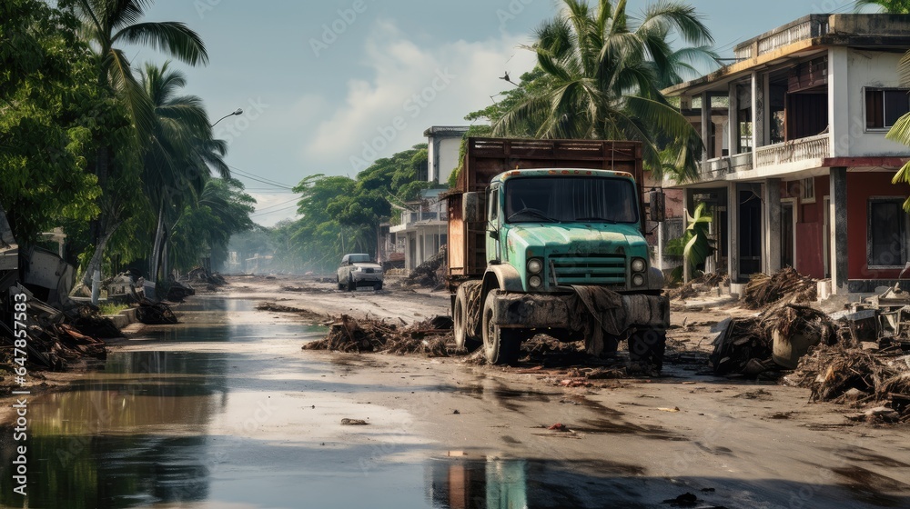 Flooded village with a damaged car, damaged houses, rubble and mud on the street.