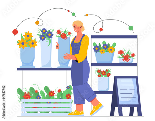 Woman in flower shop vector concept