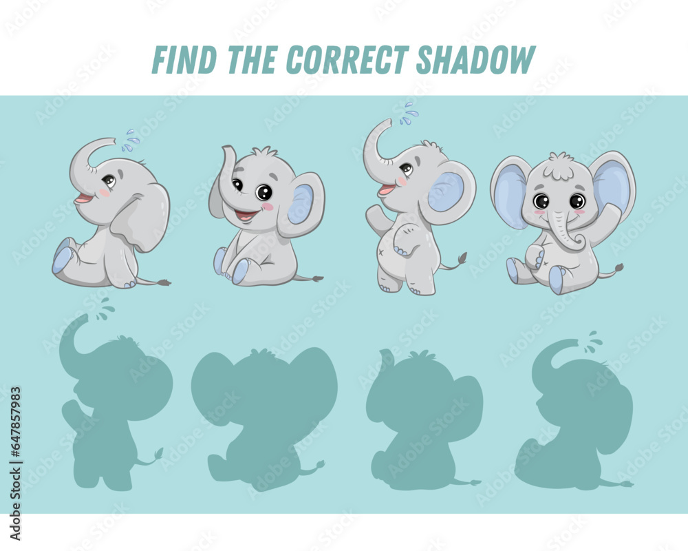 Find correct shadow of cute elephant. Educational logical game for kids. Cartoon elephant. Vector