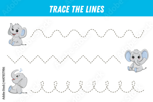 Tracing lines for kids. Cute cartoon elephant. Handwriting practice. Educational game for preschool kids. Activity page. Vector
