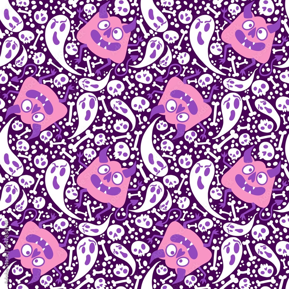 Halloween monsters seamless pumpkins and ghost and bones pattern for wrapping paper and fabrics and linens
