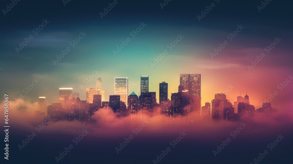 Dreamy sunset in the city landscape with a neon gradient 