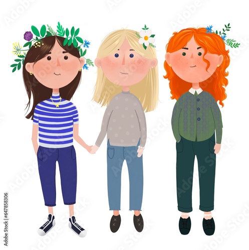 Best friends, friendship Day. Happy meeting of group best friends. Three Young Girls hug and smile. Friendship and communication concept. Colorful cartoon illustration in flat style 