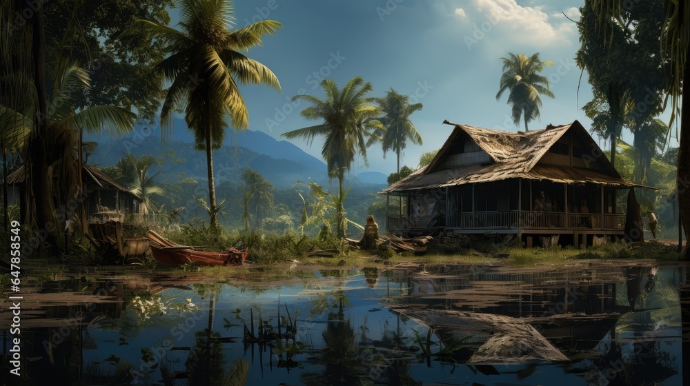 Flooded village with a damaged car, damaged houses, rubble and mud on the street. Flooded village with a damaged car, damaged houses, rubble and mud on the street.