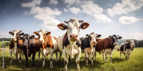 Group Of Cows Standing Next To Each Other On A Field. Generative AI