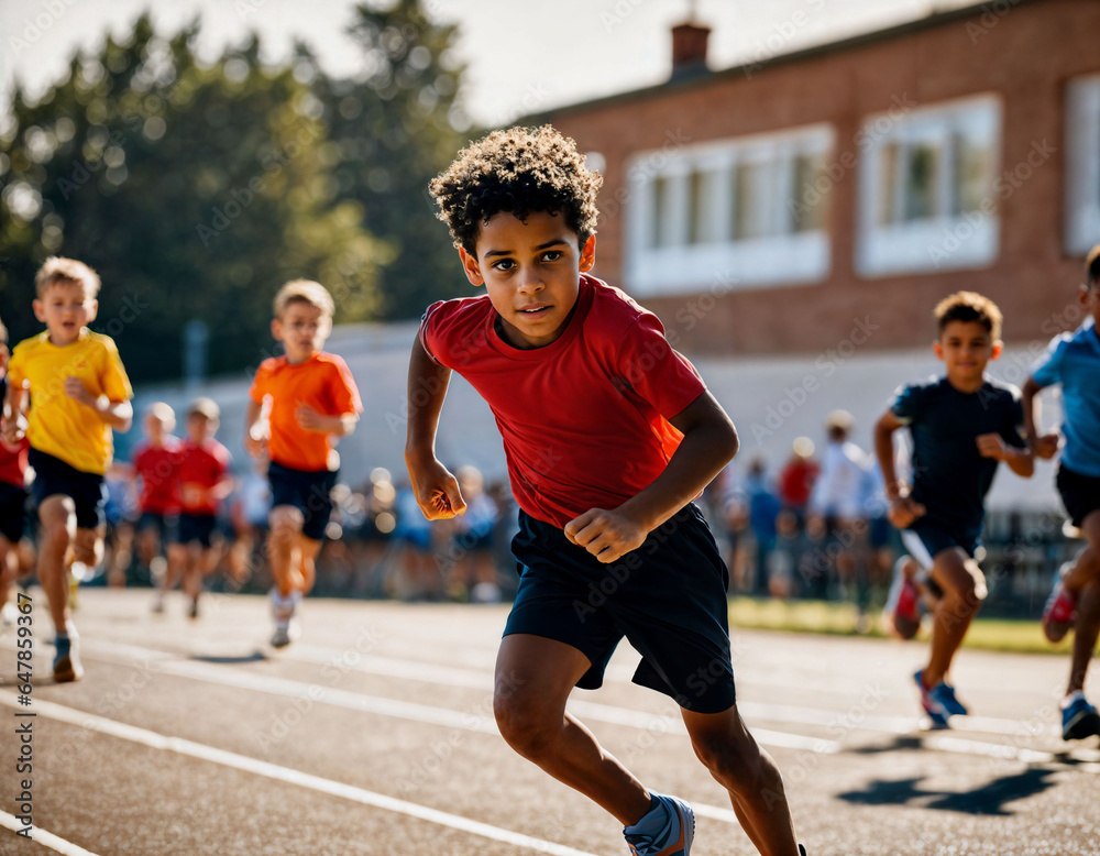 photo of boy kids running race sport at school, generative AI