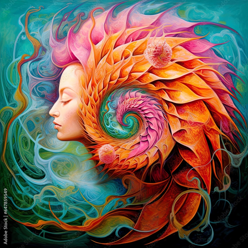 Femininity growing and expanding. Consciousness of the  feminine power, empowering of the self. Soul connected to the center and the universe. Beautiful mandala of a flower muting into a woman face.