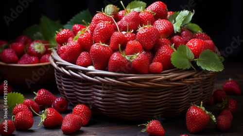 Harvested Red Strawberries in a Juicy Berry Basket. Container of fresh  ripe strawberries - a healthy and vibrant choice for wellbeing.