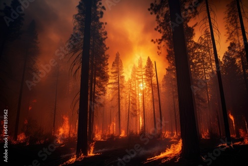 Close-up of a burning forest. Wildfire  global warming and climate change concept.