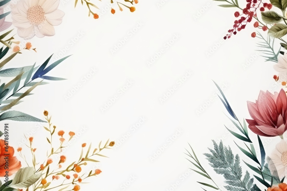 Flowers and leaves as a frame on a wedding invitation card design with white background. Empty space for your text in the middle. Floral wallpaper. Flowers and leaves as a frame on a wedding invitation card design with white background. Empty space for your text in the middle. Floral wallpaper.