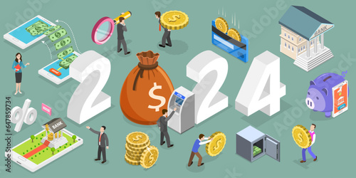 3D Isometric Flat Vector Conceptual Illustration of Banking And Financial Service Trends In New Year 2024, Mobile Banking And Digital Financial Technologies