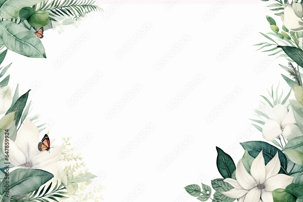 Green leaves as a frame with empty white background space for your text. Wedding invitation or postcard design in watercolor wallpaper style.