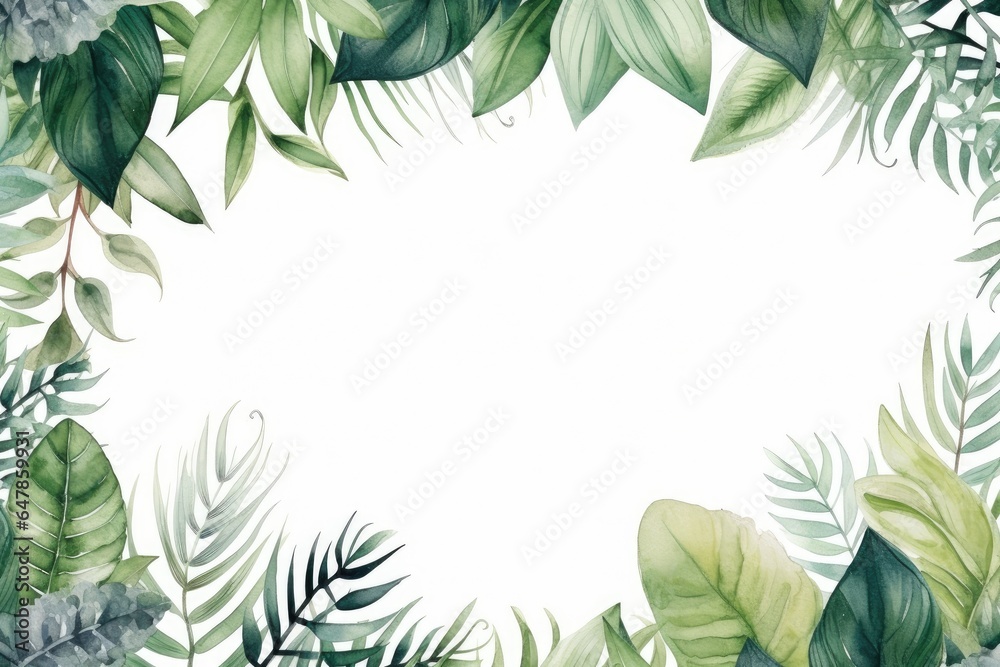 Fototapeta premium Green leaves as a frame with empty white background space for your text. Wedding invitation or postcard design in watercolor wallpaper style.