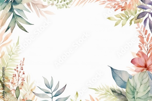 Green leaves as a frame with empty white background space for your text. Wedding invitation or postcard design in watercolor wallpaper style. © Simon