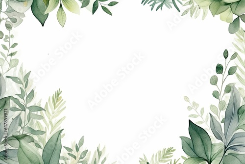 Green leaves as a frame with empty white background space for your text. Wedding invitation or postcard design in watercolor wallpaper style.